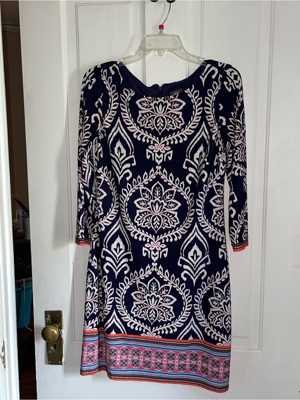 Vince Camuto Navy Shift Dress with White and Pink Medallion Print